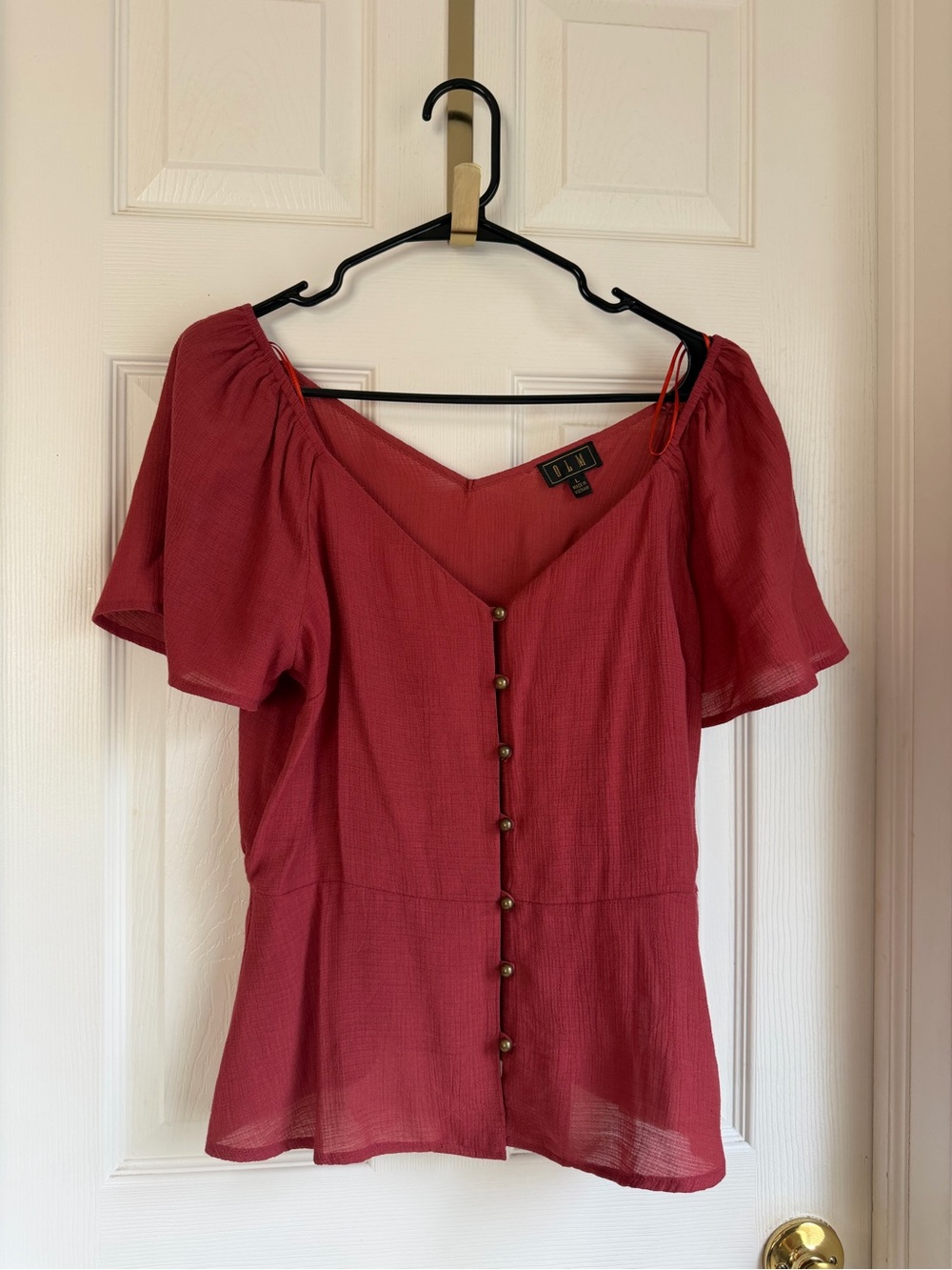 Burnt Orange/Raspberry Red Button-Front Puff Sleeve Top